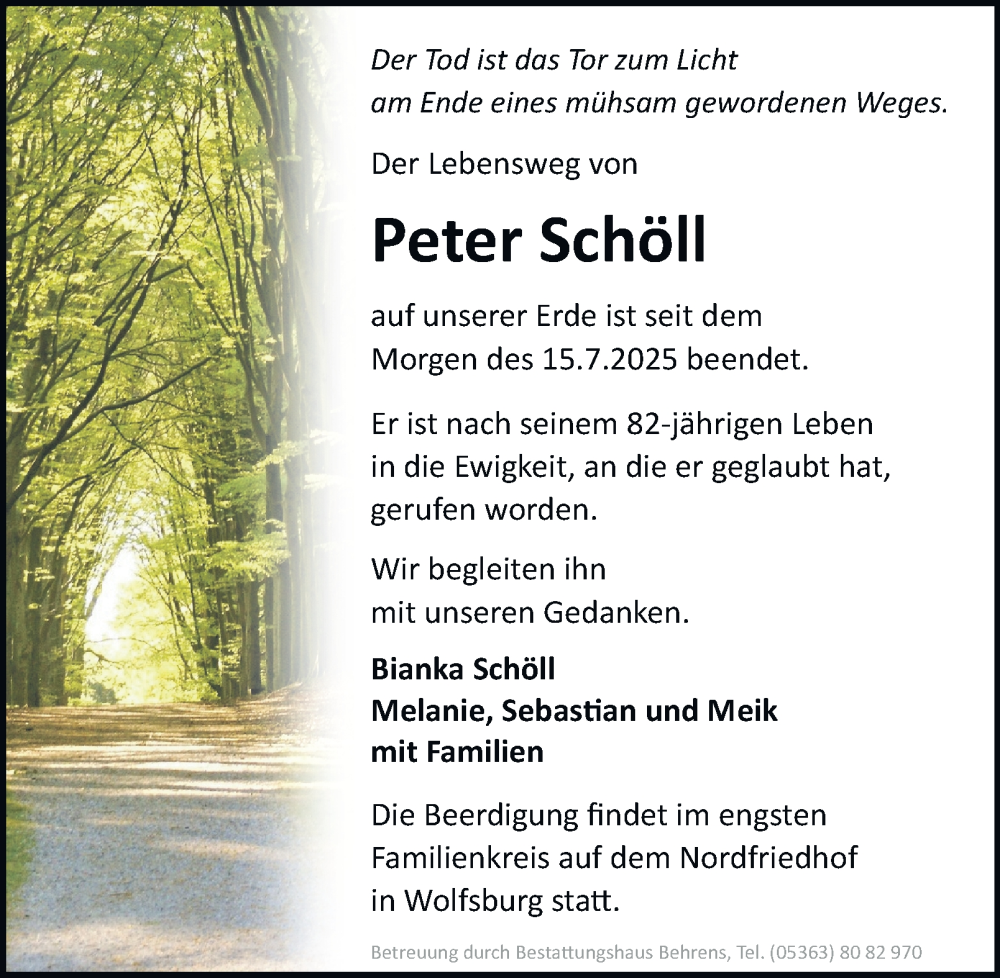  Traueranzeige für Peter Schöll vom 26.07.2025 aus Braunschweiger Zeitung, Wolfsburger Nachrichten