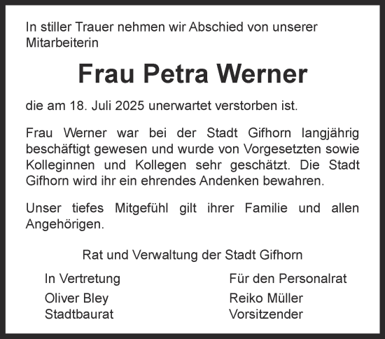 Traueranzeige von Petra Werner von Braunschweiger Zeitung, Wolfsburger Nachrichten