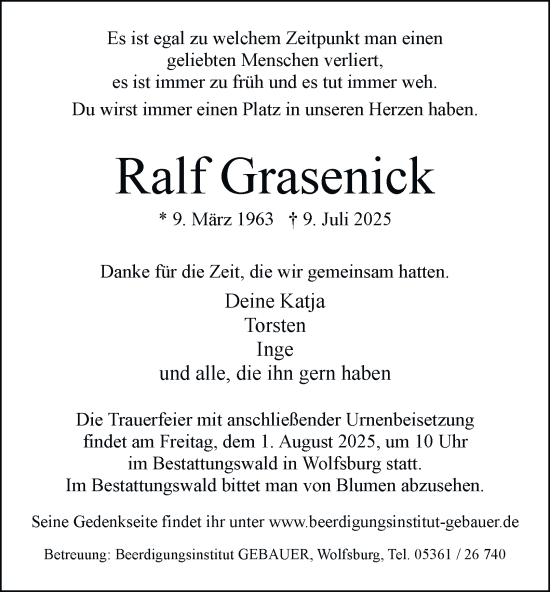 Traueranzeige von Ralf Grasenick von Braunschweiger Zeitung, Wolfsburger Nachrichten