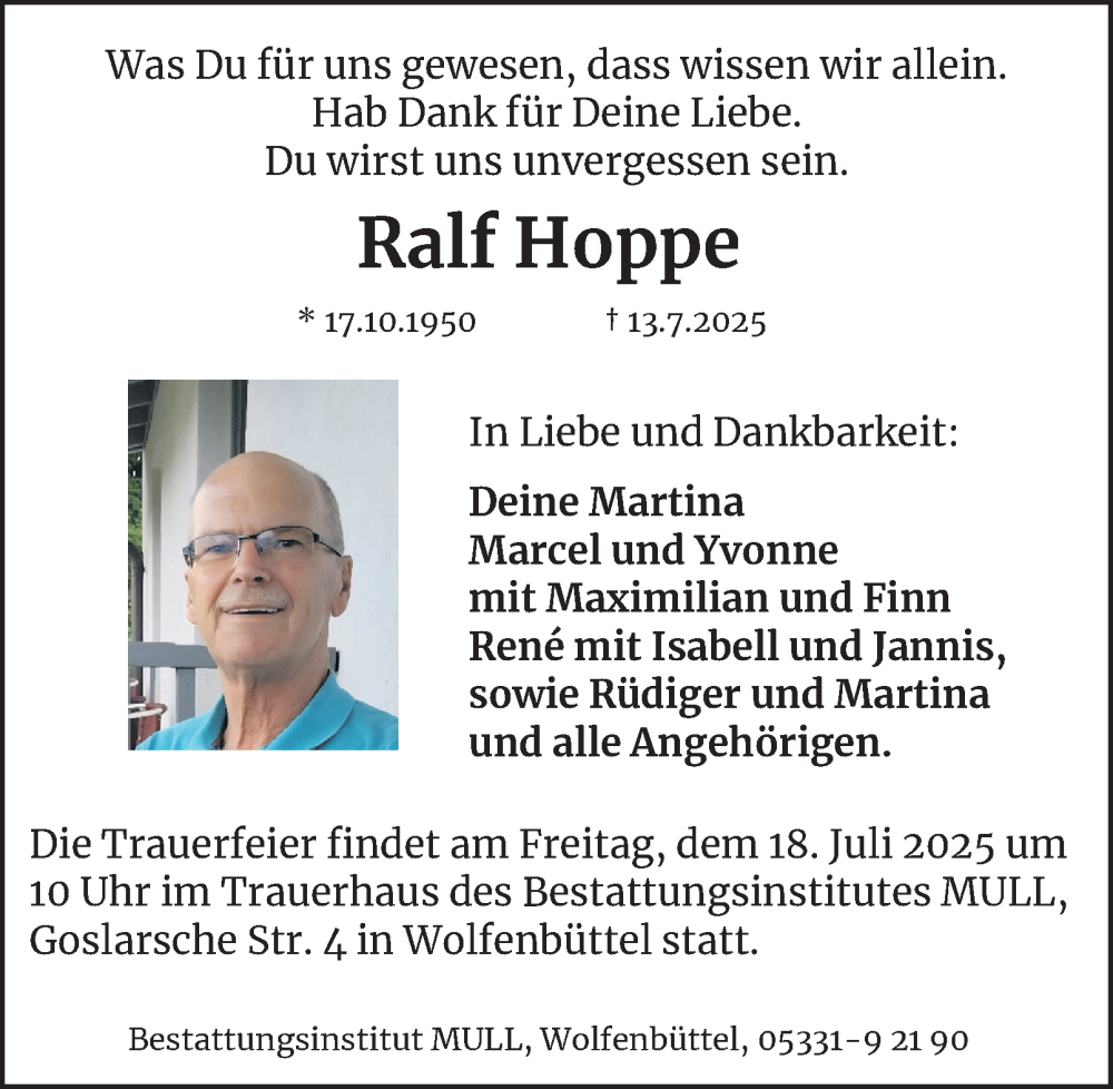  Traueranzeige für Ralf Hoppe vom 16.07.2025 aus Wolfenbütteler Zeitung