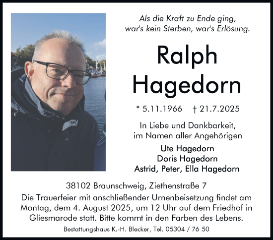 Traueranzeige von Ralph Hagedorn von Braunschweiger Zeitung