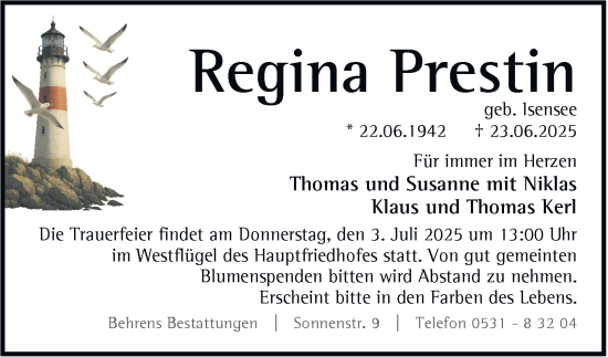 Traueranzeige von Regina Prestin von Braunschweiger Zeitung