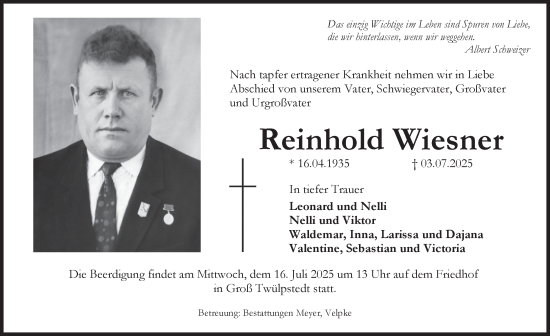 Traueranzeige von Reinhold Wiesner 