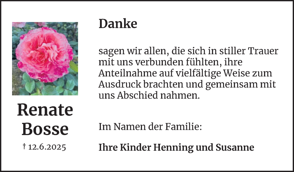  Traueranzeige für Renate Bosse vom 26.07.2025 aus Braunschweiger Zeitung