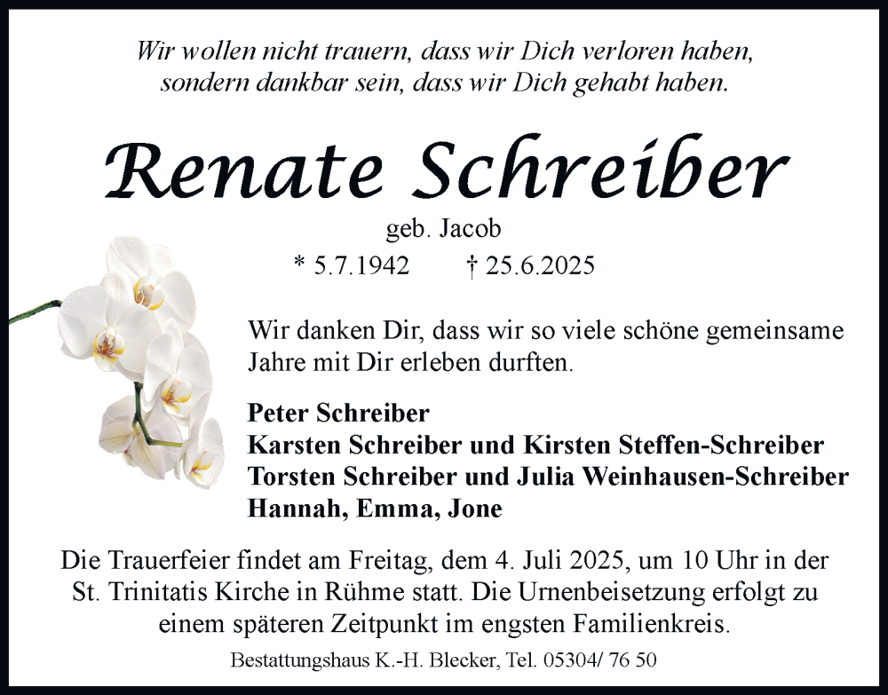  Traueranzeige für Renate Schreiber vom 28.06.2025 aus Braunschweiger Zeitung