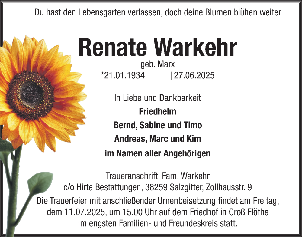  Traueranzeige für Renate Warkehr vom 05.07.2025 aus Salzgitter-Zeitung
