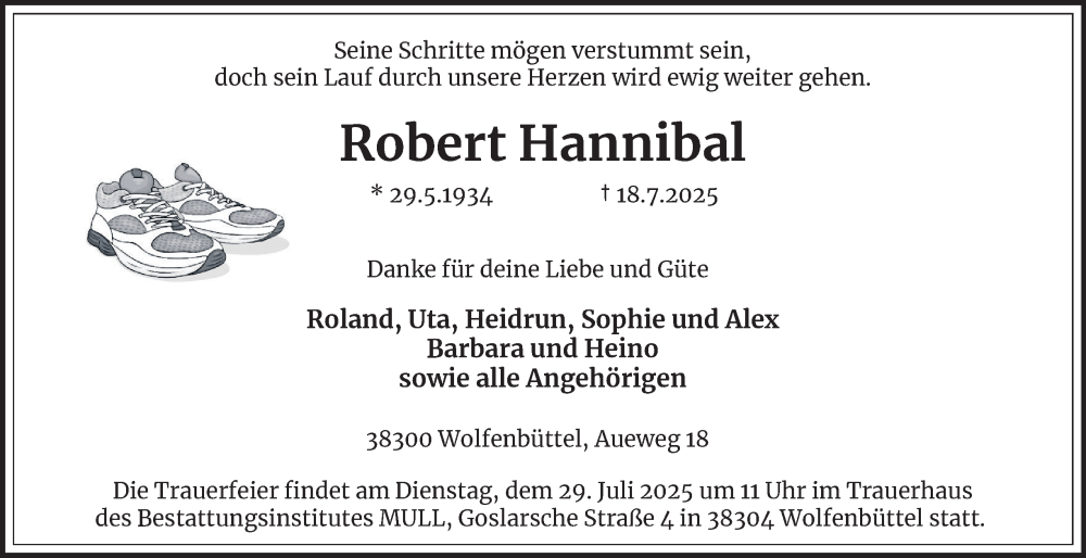  Traueranzeige für Robert Hannibal vom 26.07.2025 aus Wolfenbütteler Zeitung