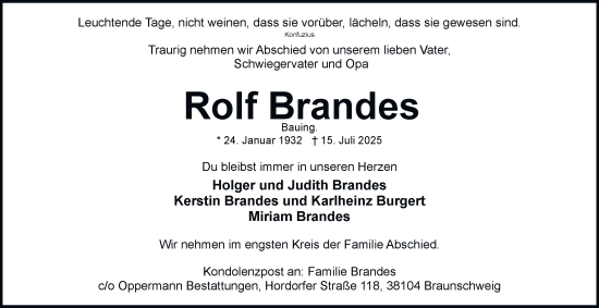 Traueranzeige von Rolf Brandes von Braunschweiger Zeitung