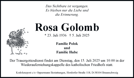 Traueranzeige von Rosa Golomb von Braunschweiger Zeitung