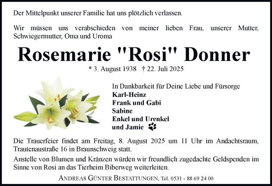 Traueranzeige von Rosemarie Donner von Braunschweiger Zeitung