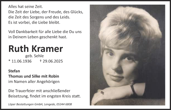 Traueranzeige von Ruth Kramer von Peiner Nachrichten