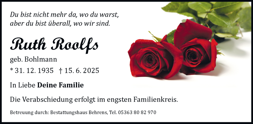  Traueranzeige für Ruth Roolfs vom 28.06.2025 aus Braunschweiger Zeitung, Wolfsburger Nachrichten
