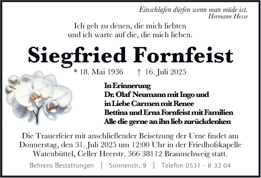  Traueranzeige für Siegfried Fornfeist vom 26.07.2025 aus Braunschweiger Zeitung
