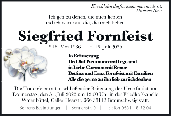 Traueranzeige von Siegfried Fornfeist von Braunschweiger Zeitung
