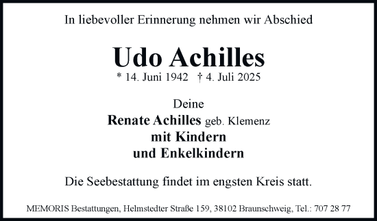 Traueranzeige von Udo Achilles von Braunschweiger Zeitung