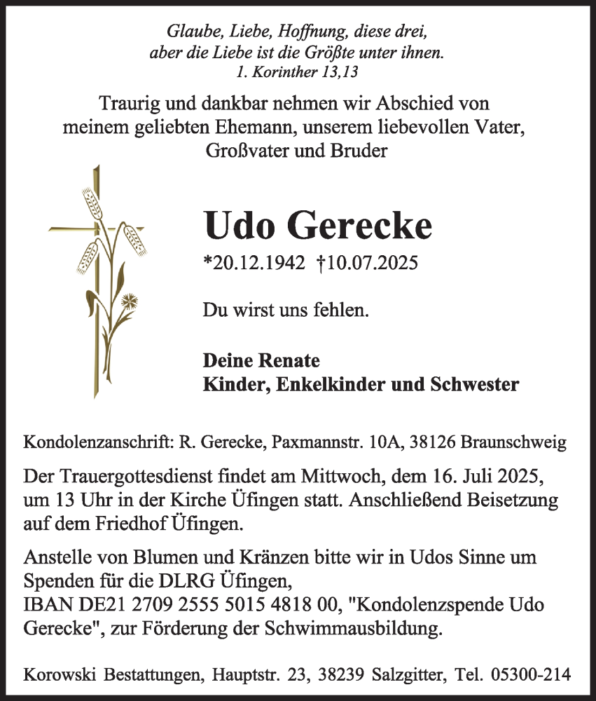  Traueranzeige für Udo Gerecke vom 15.07.2025 aus Salzgitter-Zeitung