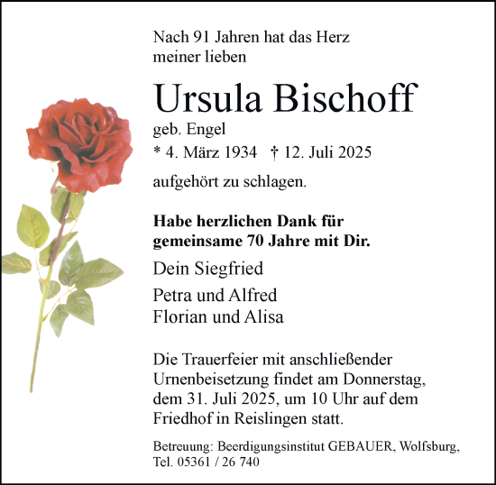 Traueranzeige von Ursula Bischoff von Braunschweiger Zeitung, Wolfsburger Nachrichten