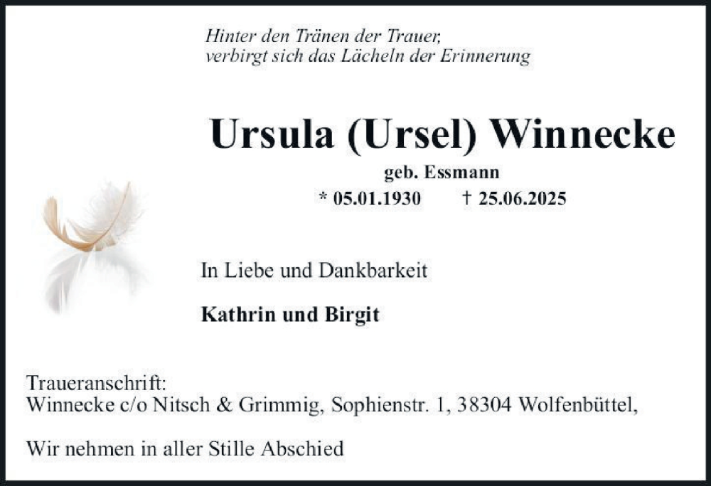  Traueranzeige für Ursula Winnecke vom 05.07.2025 aus Wolfenbütteler Zeitung