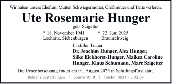 Traueranzeige von Ute Rosemarie Hunger von Braunschweiger Zeitung
