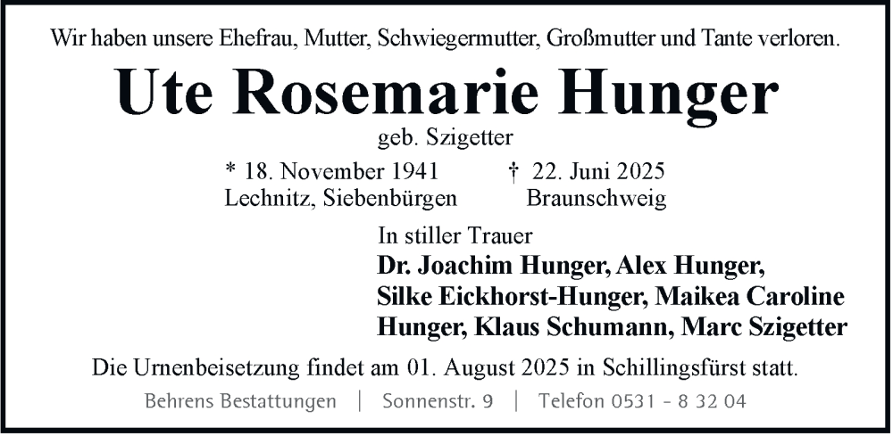  Traueranzeige für Ute Rosemarie Hunger vom 05.07.2025 aus Braunschweiger Zeitung