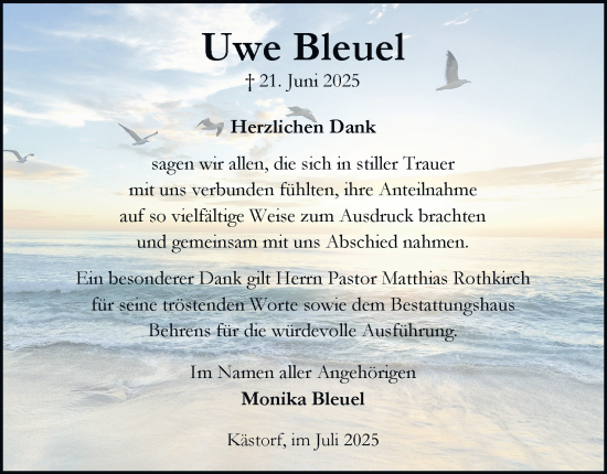 Traueranzeige von Uwe Bleuel von Braunschweiger Zeitung, Wolfsburger Nachrichten