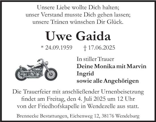 Traueranzeige von Uwe Gaida von Peiner Nachrichten