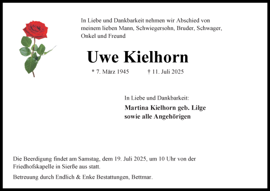 Traueranzeige von Uwe Kielhorn von Peiner Nachrichten