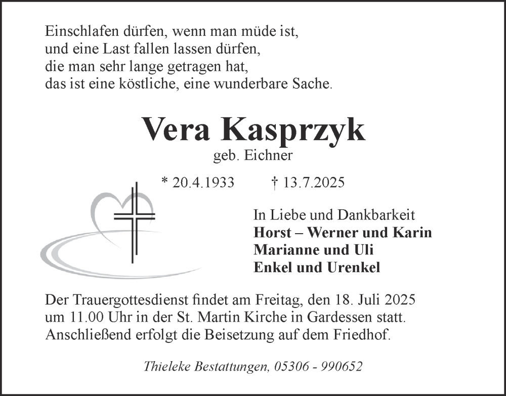  Traueranzeige für Vera Kasprzyk vom 15.07.2025 aus Braunschweiger Zeitung