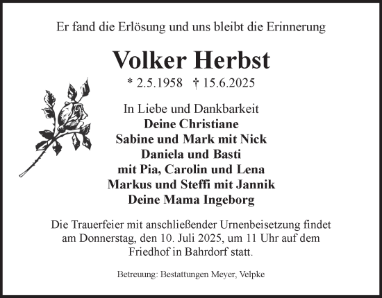 Traueranzeige von Volker Herbst von Helmstedter Nachrichten