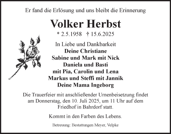 Traueranzeige von Volker Herbst von Helmstedter Nachrichten