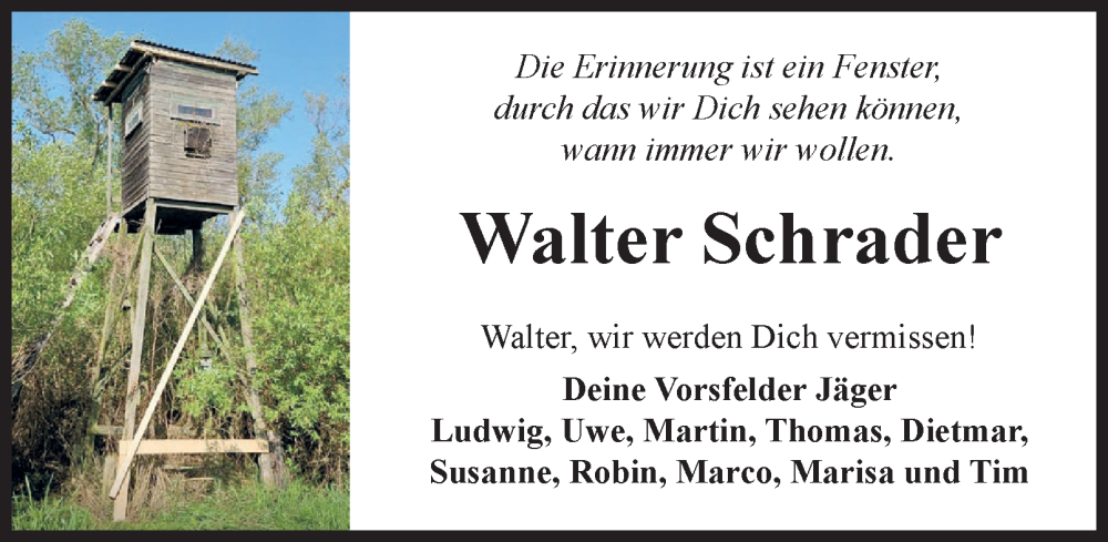  Traueranzeige für Walter Schrader vom 16.07.2025 aus Braunschweiger Zeitung, Wolfsburger Nachrichten