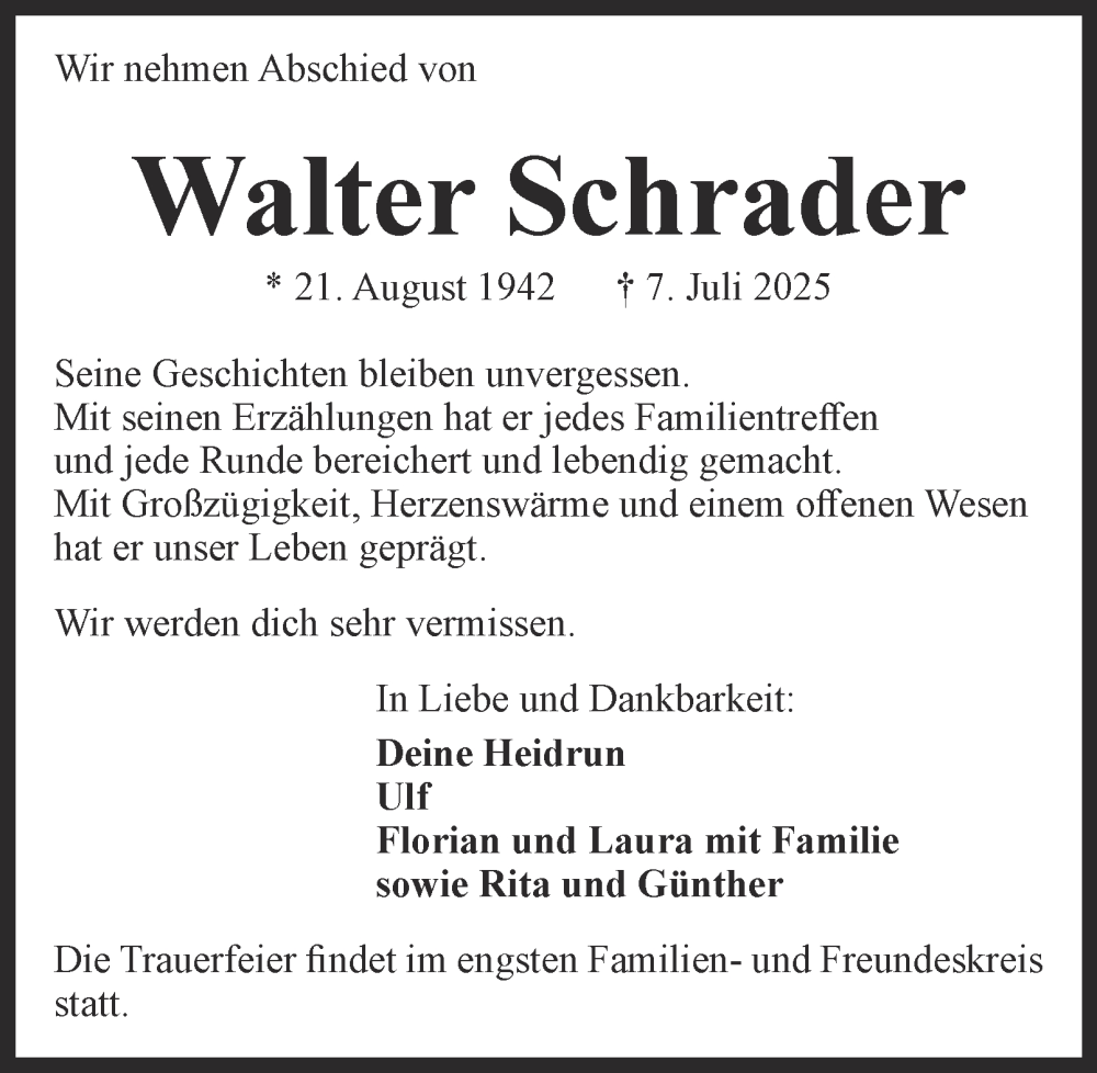  Traueranzeige für Walter Schrader vom 12.07.2025 aus Braunschweiger Zeitung, Wolfsburger Nachrichten