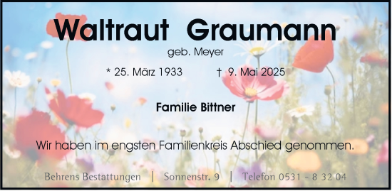 Traueranzeige von Waltraut Graumann von Braunschweiger Zeitung