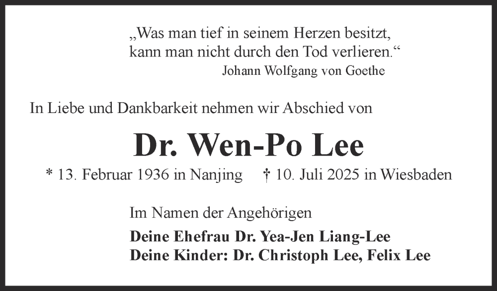  Traueranzeige für Wen-Po Lee vom 26.07.2025 aus Braunschweiger Zeitung, Wolfsburger Nachrichten