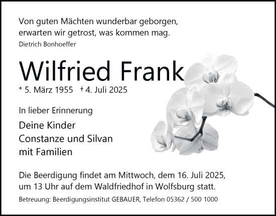 Traueranzeige von Wilfried Frank von Braunschweiger Zeitung, Wolfsburger Nachrichten