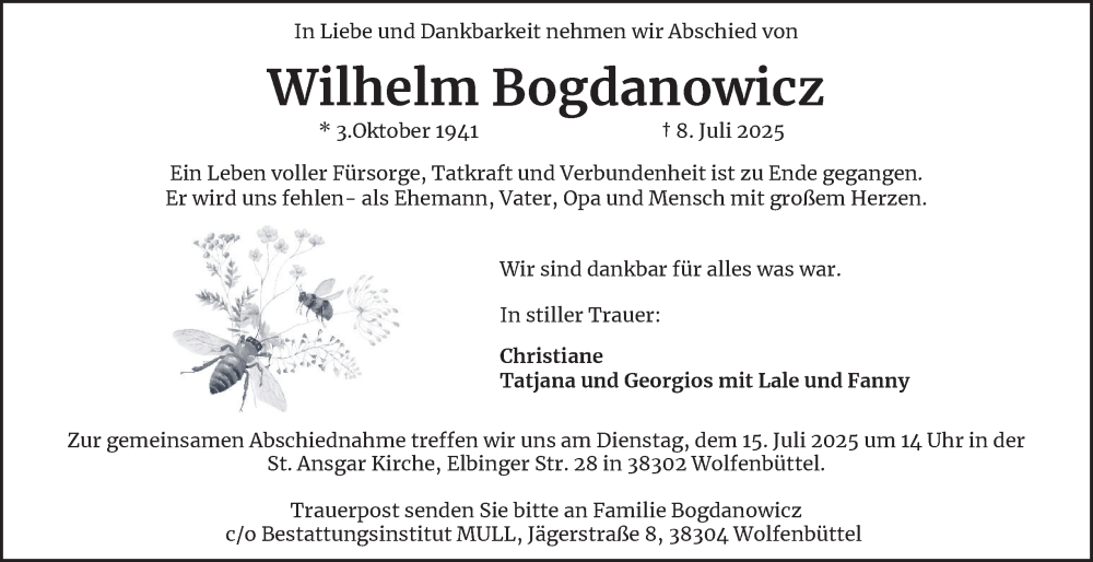  Traueranzeige für Wilhelm Bogdanowicz vom 12.07.2025 aus Wolfenbütteler Zeitung
