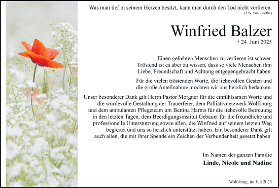 Traueranzeige von Winfried Balzer von Braunschweiger Zeitung, Wolfsburger Nachrichten