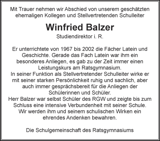 Traueranzeige von Winfried Balzer von Braunschweiger Zeitung, Wolfsburger Nachrichten
