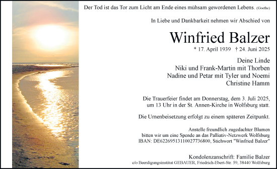 Traueranzeige von Winfried Balzer von Braunschweiger Zeitung, Wolfsburger Nachrichten