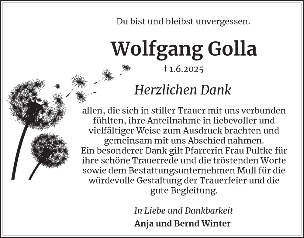  Traueranzeige für Wolfgang Golla vom 19.07.2025 aus Salzgitter-Zeitung, Wolfenbütteler Zeitung