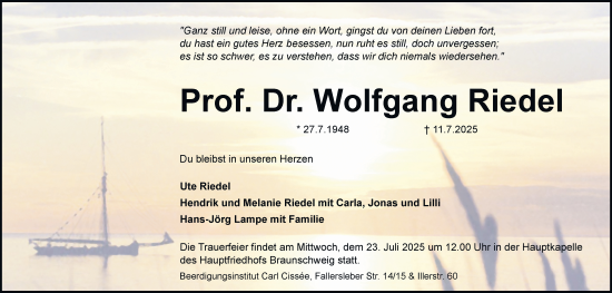 Traueranzeige von Wolfgang Riedel von Braunschweiger Zeitung