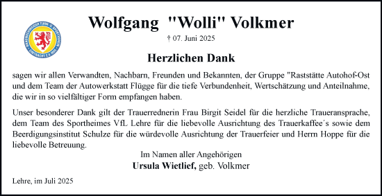 Traueranzeige von Wolfgang Volkmer 