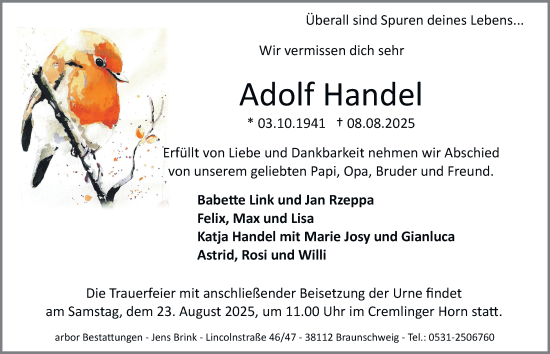 Traueranzeige von Adolf Handel von Braunschweiger Zeitung