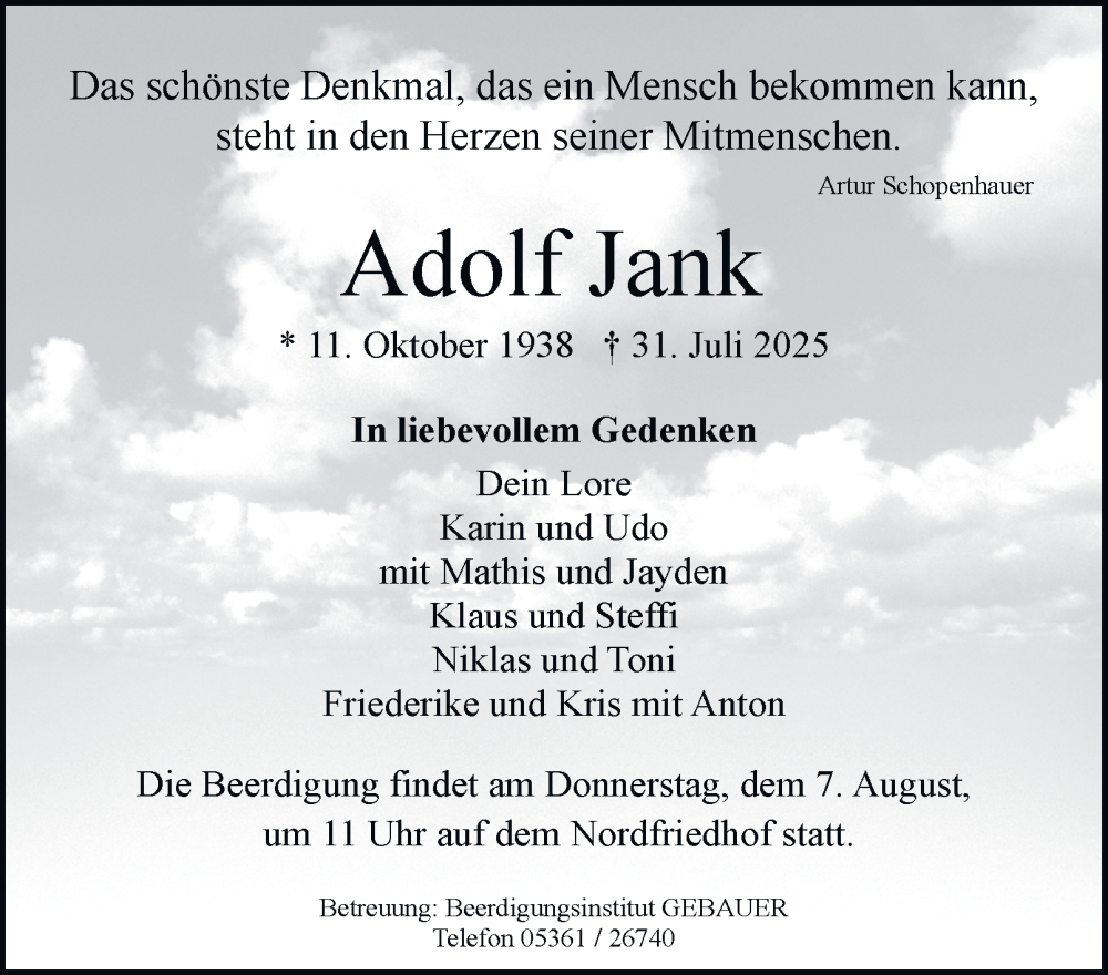  Traueranzeige für Adolf Jank vom 02.08.2025 aus Braunschweiger Zeitung, Wolfsburger Nachrichten