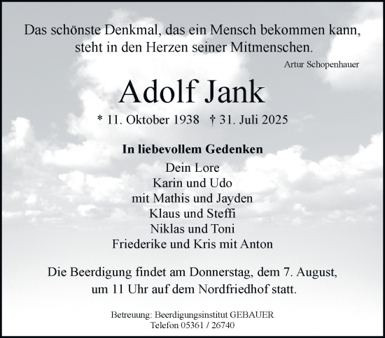 Traueranzeige von Adolf Jank von Braunschweiger Zeitung, Wolfsburger Nachrichten