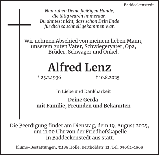 Traueranzeige von Alfred Lenz von Salzgitter-Zeitung