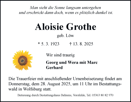 Traueranzeige von Aloisie Grothe von Braunschweiger Zeitung, Wolfsburger Nachrichten