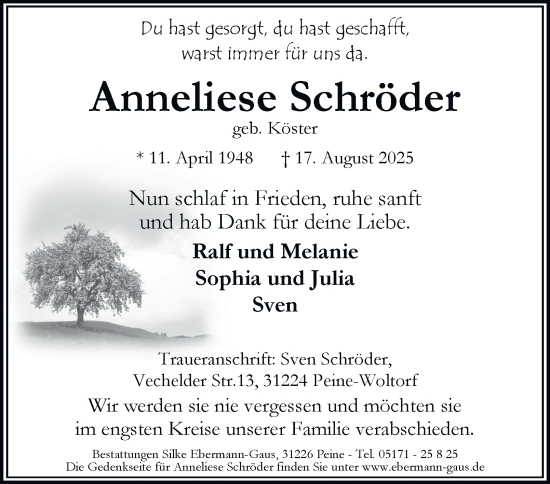 Traueranzeige von Anneliese Schröder von Neue Braunschweiger am Samstag