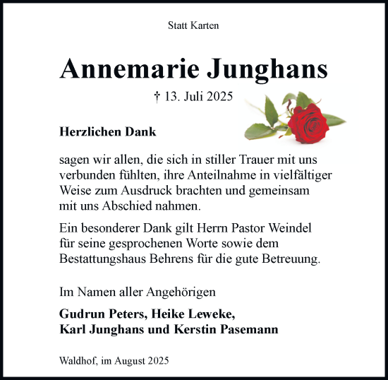 Traueranzeige von Annemarie Junghans von Braunschweiger Zeitung, Wolfsburger Nachrichten
