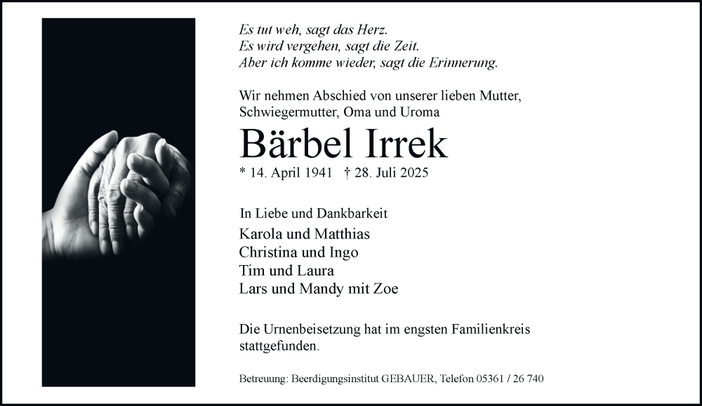  Traueranzeige für Bärbel Irrek vom 16.08.2025 aus Braunschweiger Zeitung, Wolfsburger Nachrichten